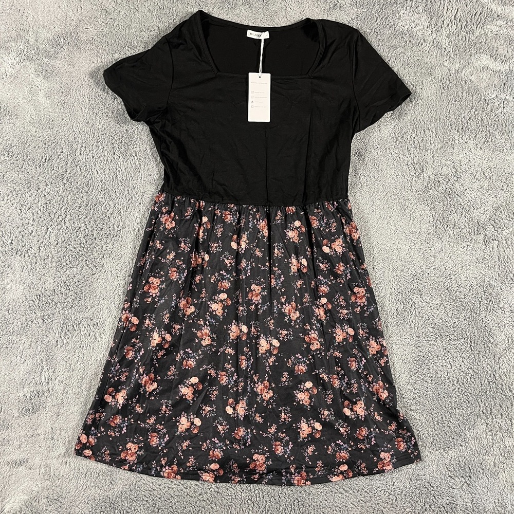 OFEEFAN Mini Dress Womens L Black Pink Floral Stretch Short Sleeve Square Neck